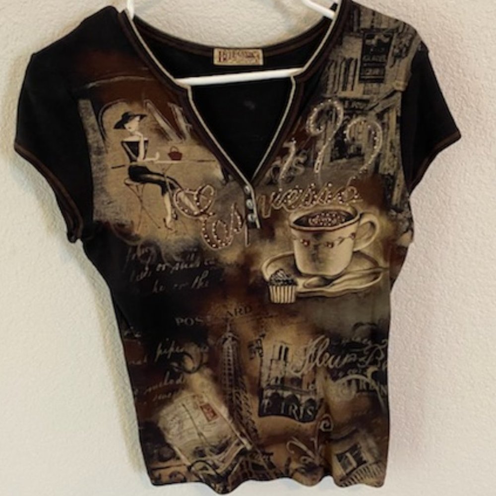 Blue Canyon BLACK Muscle TEE * ESPRESSO COFFEE Ivory design CRYSTALS  * S